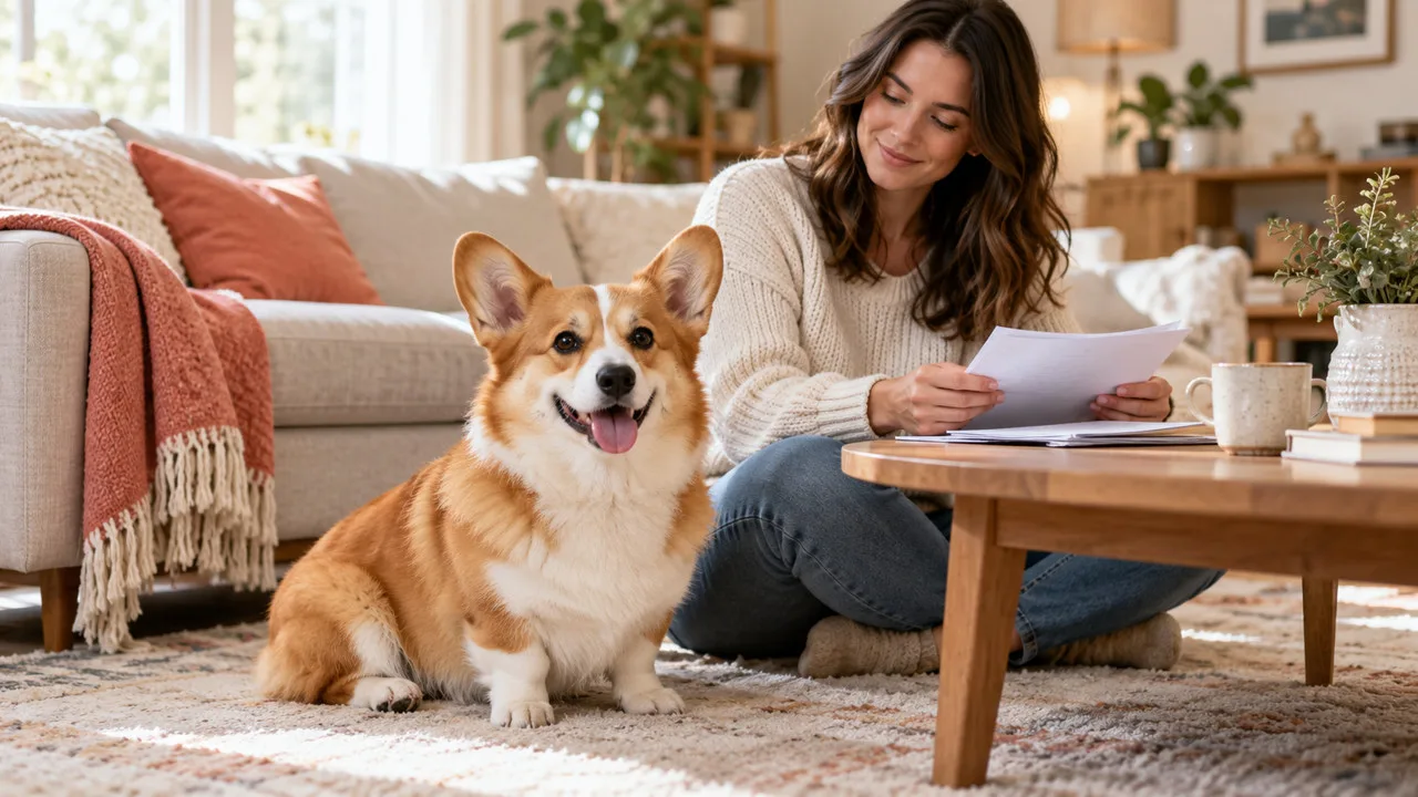 Corgi-like dog sitting beside an owner reviewing papers at a low table